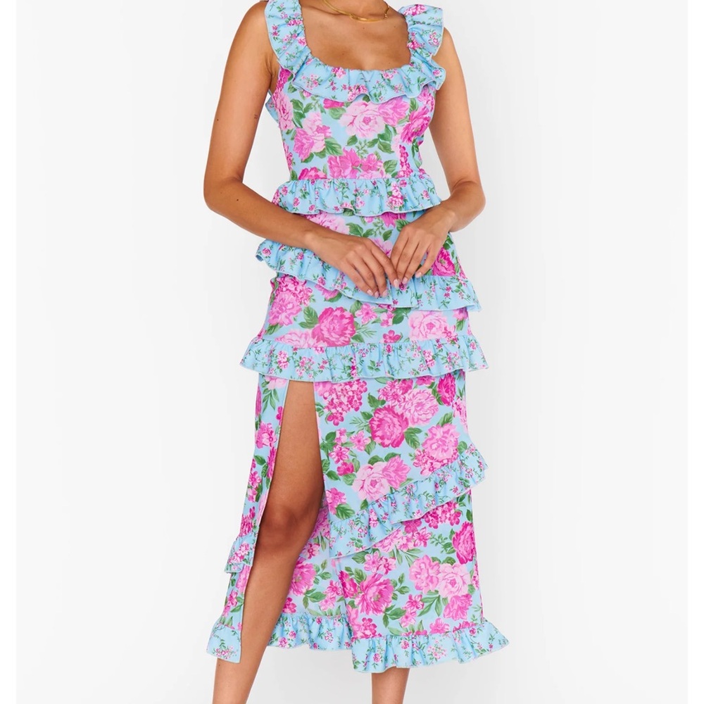 Show Me Your MuMu Floral Ruffle Midi Dress - Pink and Blue